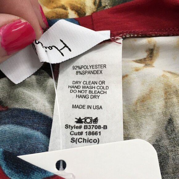 Floral Tunic Top Women Size Small Summer Red Tropical Bell Sleeve Flowy - Picture 9 of 11